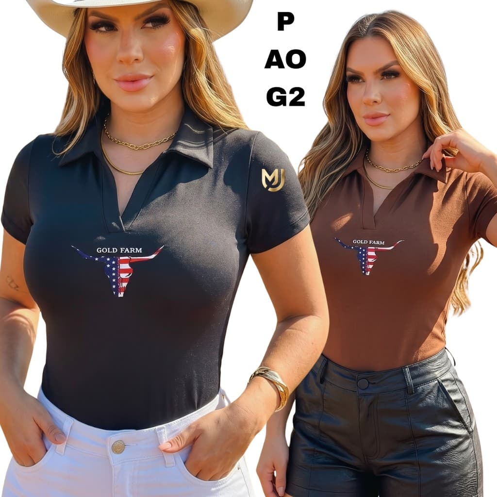 Body Polo Feminino Premium Manga Curta Tecido Suplex Duplo no Busto Gola Polo Estampa DTF Versátil P ao G2