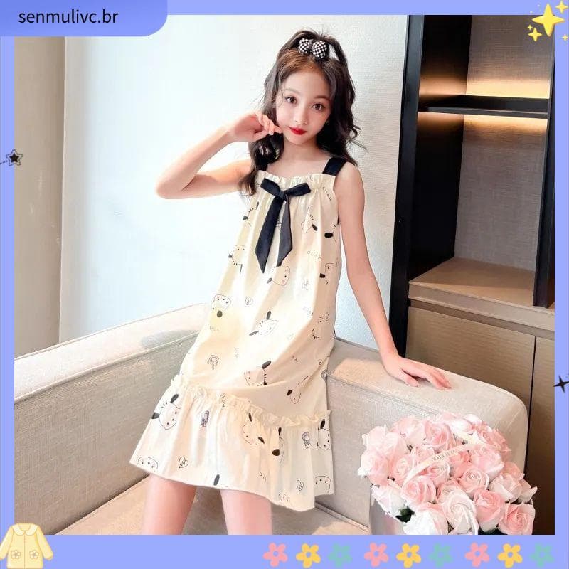 Sling meninas camisola verão novo estilo de seda gelo crianças camisola solta estilo princesa exterior Wear médio grande