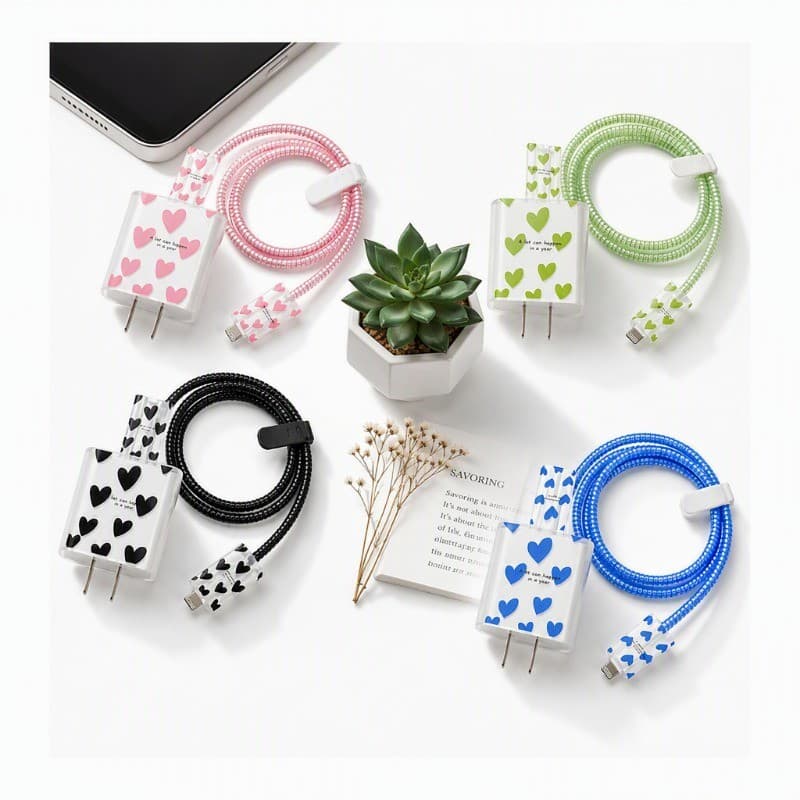 Capa Protetora Carregador Antichoque Transparente Kit Coração Protetor de Cabo 5 em 1 Compatível com iPhone USB-C