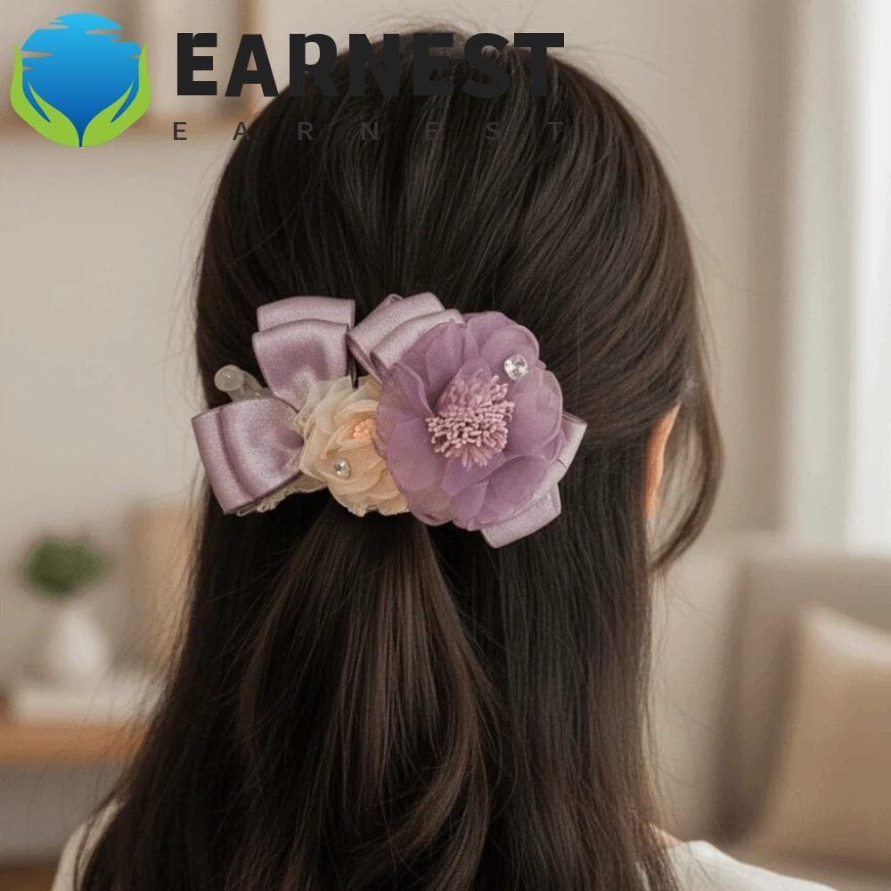 Presilha Vertical de Malha Roxa EARNEST, Laço Estilo Coreano com Flor de Banana, Prendedor de Cabelo com Strass para Mul