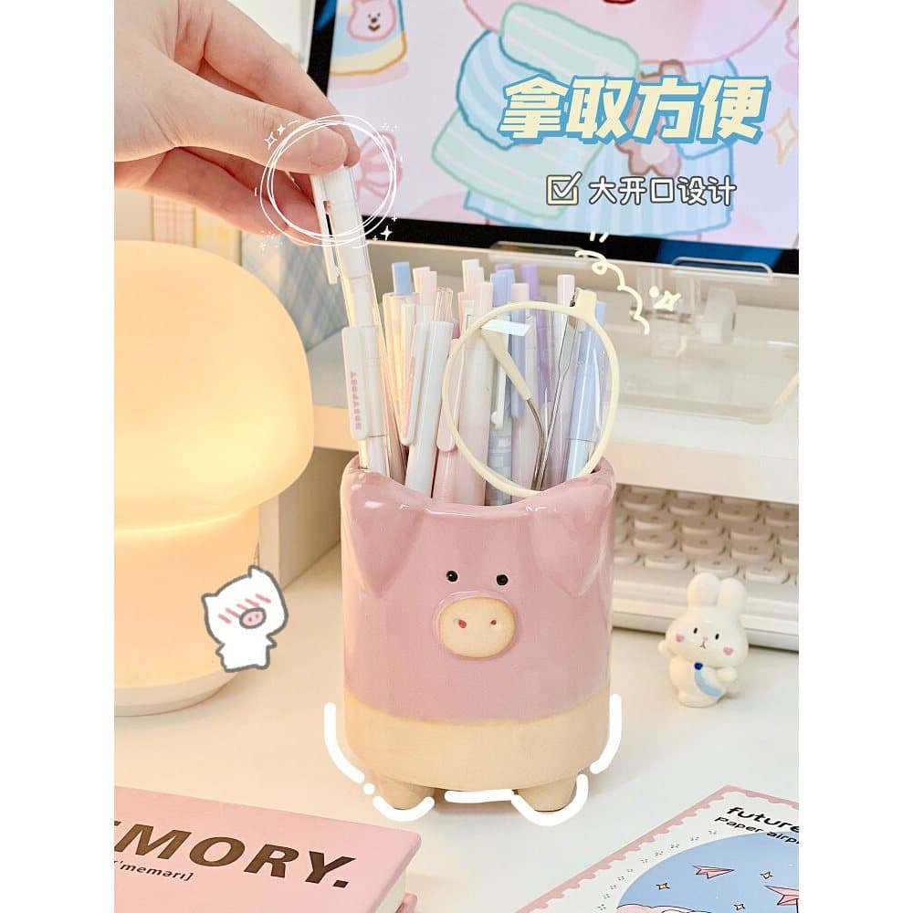 Bonito dos desenhos animados Animal cerâmica Piggy papelaria caneta titular caixa de maquiagem escova caixa de armazenam
