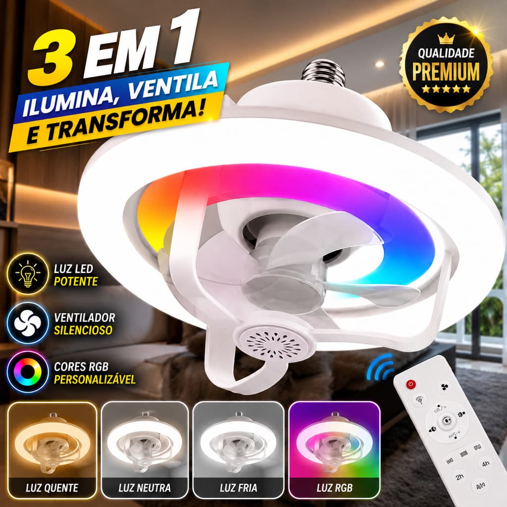 Lâmpada Ventilador de Teto luz Led com controle remoto 3 Velocidades pontente silencioso 60w
