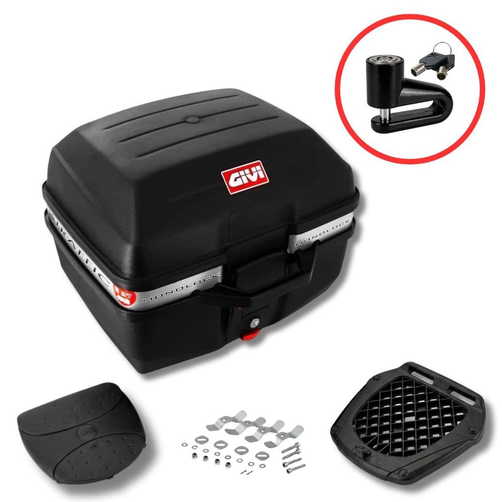 Baú para Moto Monolock Givi Traseiro Traffic E27M 27L com Base Universal + Brinde Trava Cadeado de Disco Pino 5,5mm Spec