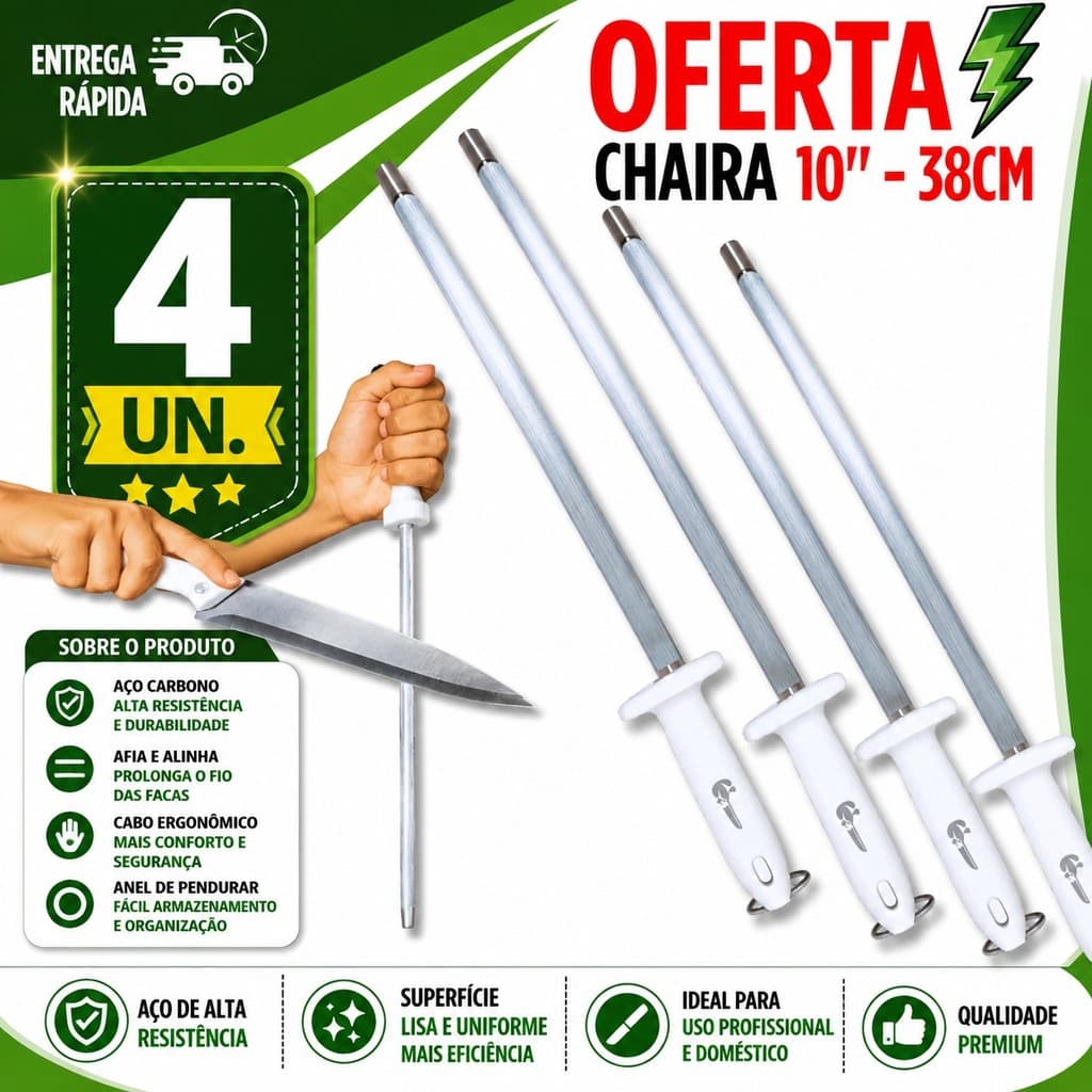 CHAIRA AMOLADOR DE FACAS 10” 38CM ESTRIADA EM AÇO – AFIADOR PROFISSIONAL PREMIUM PARA CHURRASCO, COZINHA E AÇOUGUE