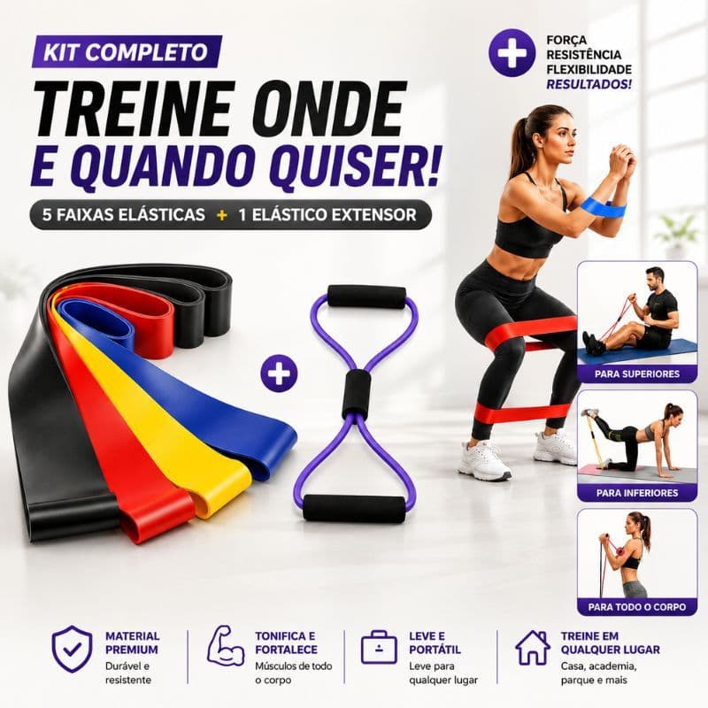 Kit Mini Band 5 Faixas Resistência + Elástico Extensor Cross para Exercícios Academia Casa Funcional