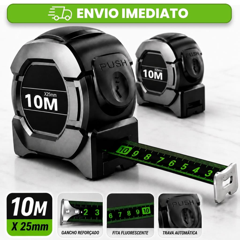 Trena 10m Profissional Fita Métrica de Aço Inoxidável com Trava Automática Alta Precisão 10 Metros