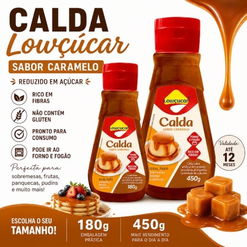Cobertura Calda Lowçucar Sabor Caramelo 180g ou 450g Reduzido em Açúcar