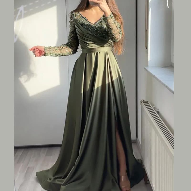 Vestido longo de noite elegante, sem alças, com babados, em vermelho, preto e verde, de cintura média, em renda de cor s