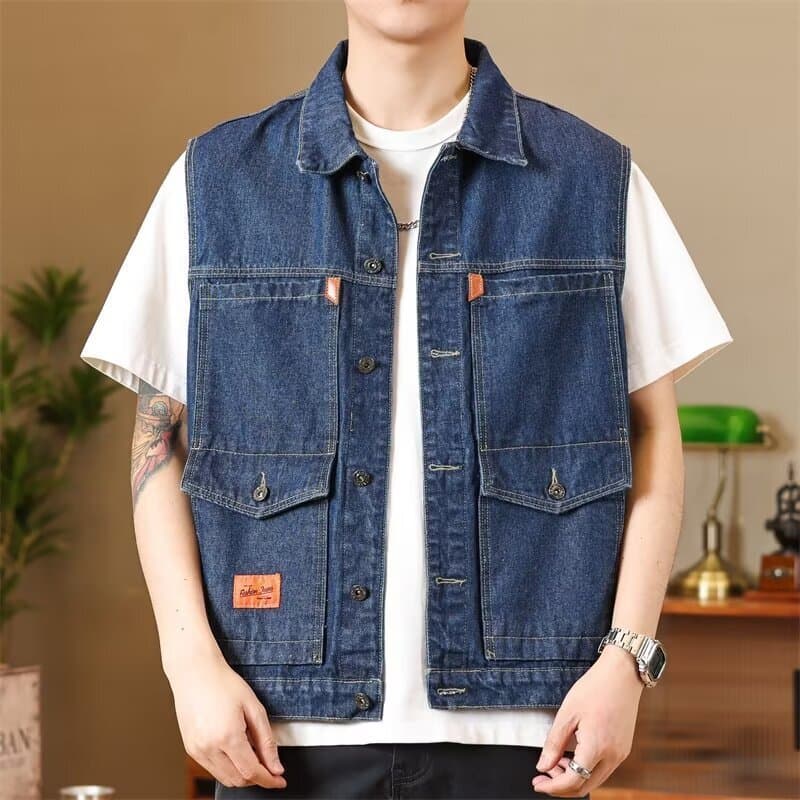 Jaqueta jeans colete masculino americano Retro colete sem mangas colete ferramentas na moda All-Match jaqueta 8/17