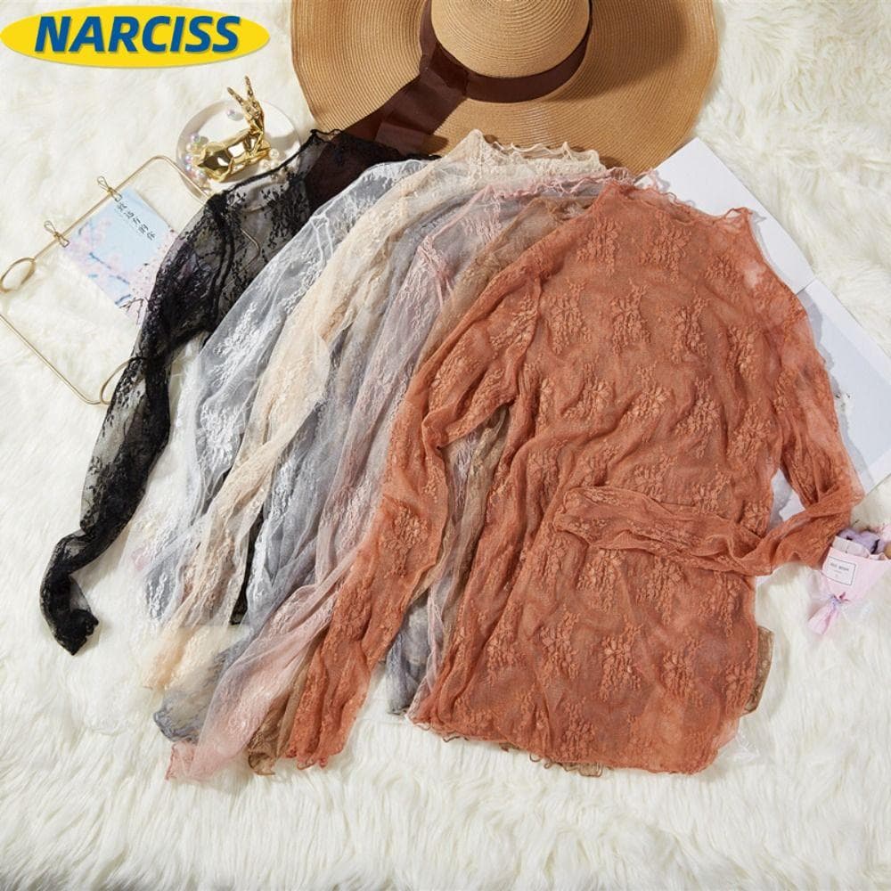 NARCISSUSPW Tops Femininos , Camisa Preta Com Bordado Floral , Blusas Femininas De Renda De Malha De Manga Comprida