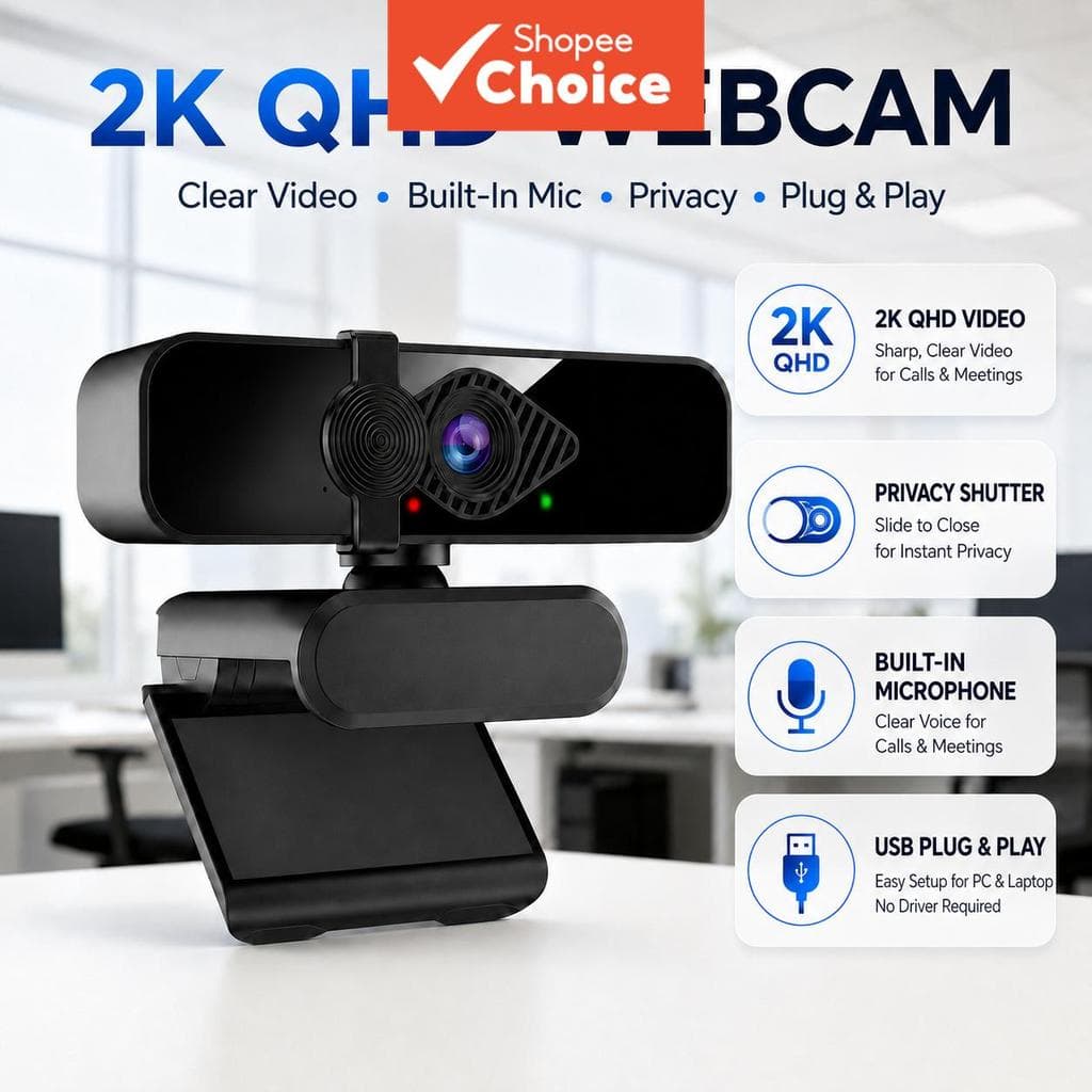 Câmera Web JCL 2K para PC/Laptop, Microfone, Ângulo Amplo de 73°, Câmera USB Plug and Play para Reuniões Online, Aulas,