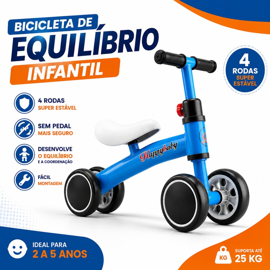 Bicicleta De Equilíbrio Infantil Bebê Sem Pedal 4 Rodas Balance Bike Andador Happybaby 1 a 3 Anos