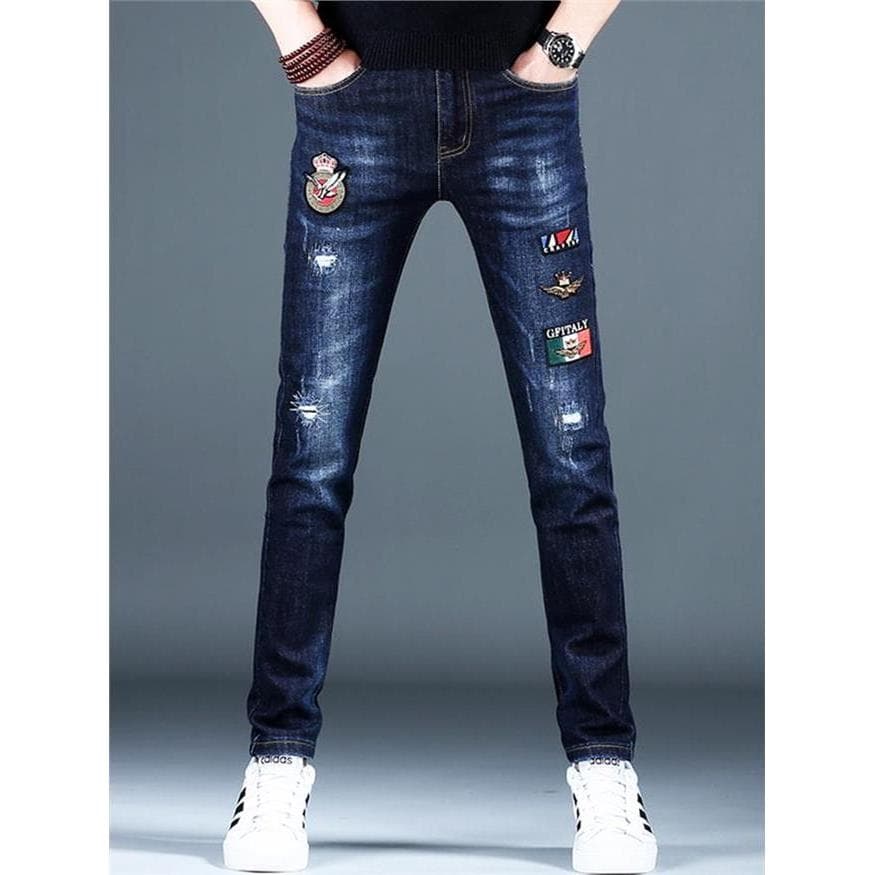 Bordado rasgado Jeans masculino primavera outono novo estilo bordado fino-ajuste mais magro olhar único bonito calças ma