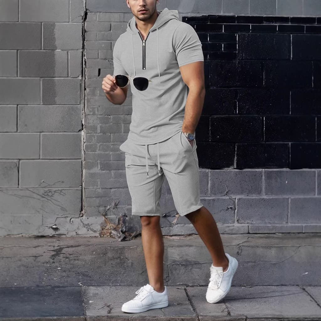 [Venda quente] Conjunto Casual masculino com capuz e zíper, manga curta, Shorts respiráveis, dois conjuntos masculinos [