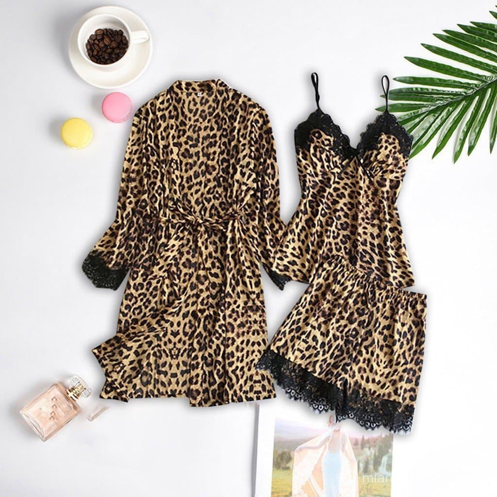 Novo estilo europeu americano simulação seda preto leopardo impressão Homewear pijamas conjunto moda rendas pijamas conj