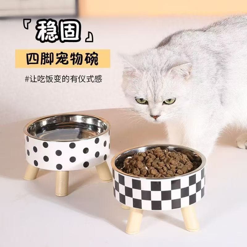 Tigela para gatos, tigela alta para animais de estimação, prateleira de madeira, aço inoxidável, Anti-derrubamento, tige