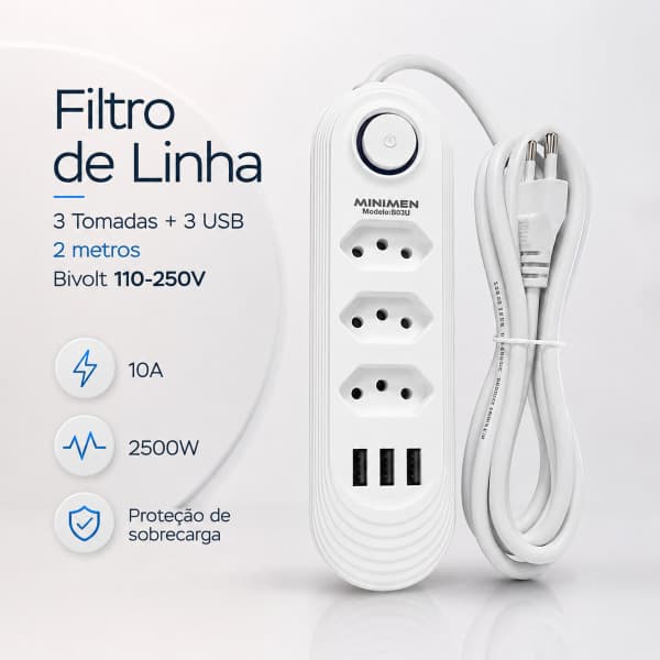 Filtro De Linha Extensão Régua 3 Tomadas 3 Usb Bivolt 2 metros Fio Branco