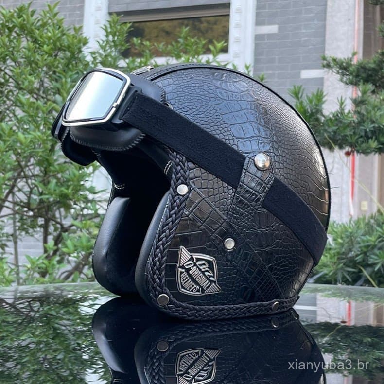 Capacete de Couro PU para Motocicleta Retro FJL5