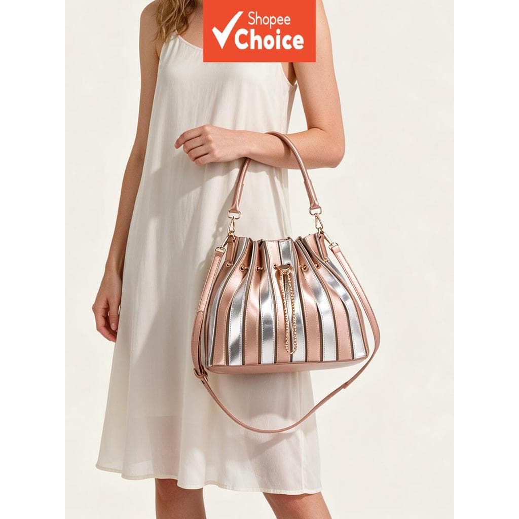 Bolsa tiracolo feminina plissada com listras, bolsa de mão com cordão metálico brilhante, bolsa de ombro mini bucket de