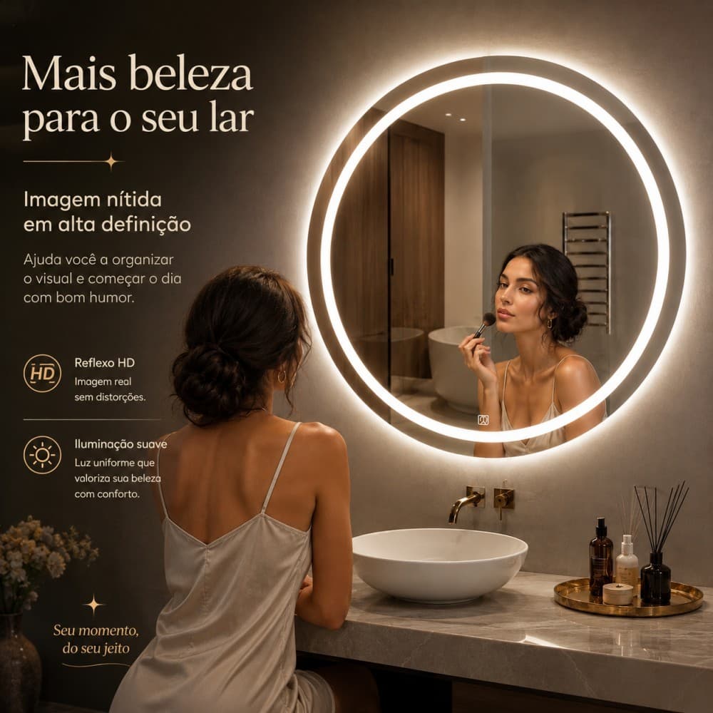 Espelho Redondo Para Banheiro, Equipado Com Luzes Led Tricolor, Adequado Para Salas De Maquiagem E Salões De Beleza