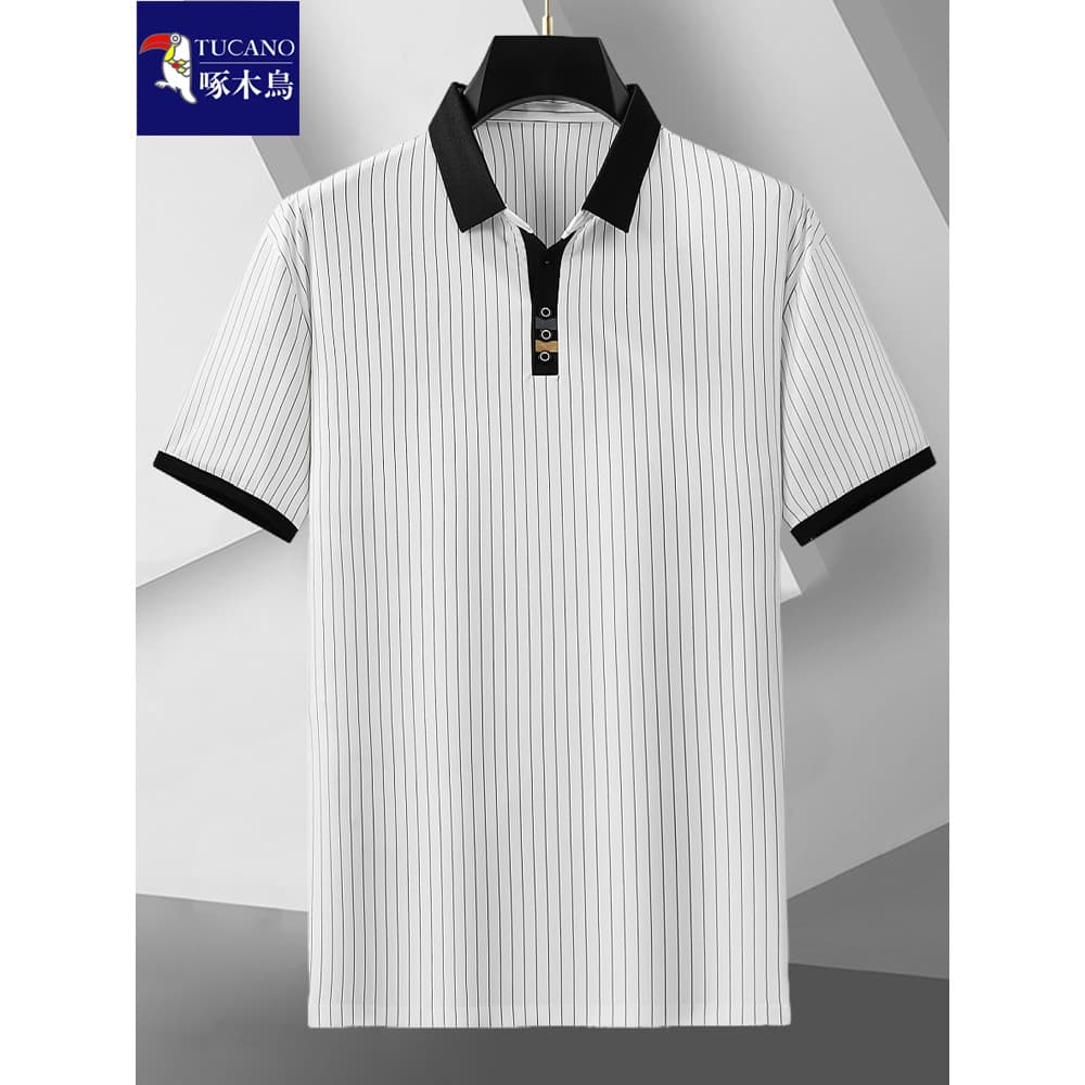 Woodpecker verão Extra grande tamanho de seda gelo camisa polo de manga curta masculina gordura listras verticais lapela