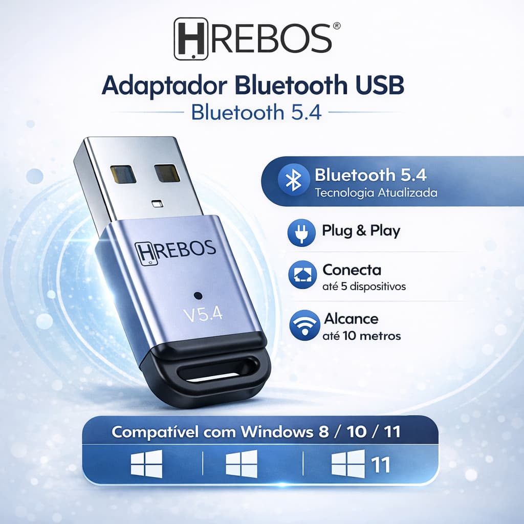 Hrebos Adaptador Bluetooth USB 5.4 para PC Notebook Até 5 Dispositivos Simultâneos Win 8/10/11 Alcance 10m