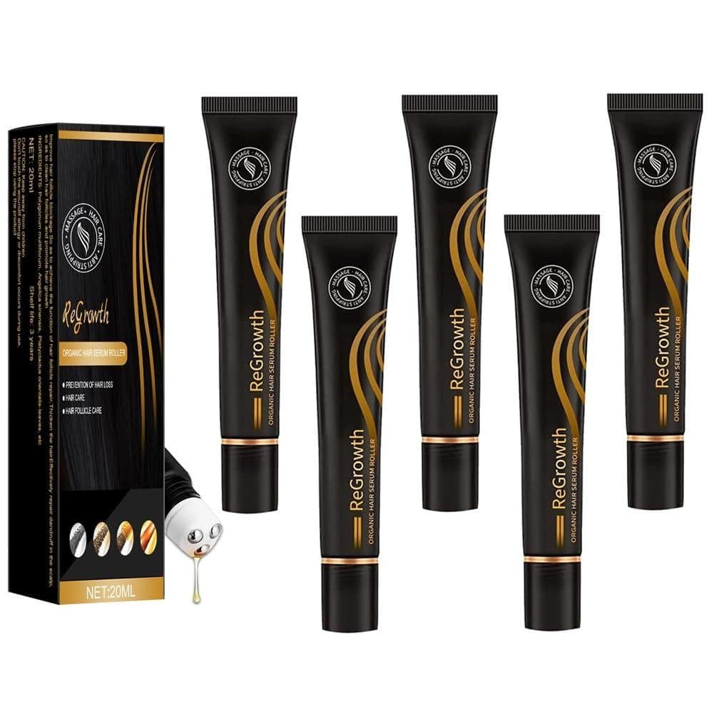 Conjunto de 5 Séruns Capilares Orgânicos para Crescimento com Rolo Massageador, Kit Orgânico para Crescimento Capilar, E