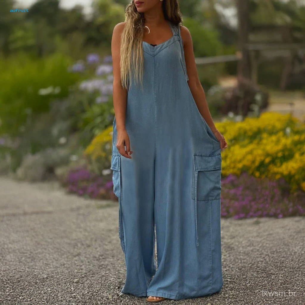 Macacão Feminino Moderno Solto de Perna Larga Estilo Boho com Alças Ajustáveis, Calças Palazzo Soltas com Bolsos –