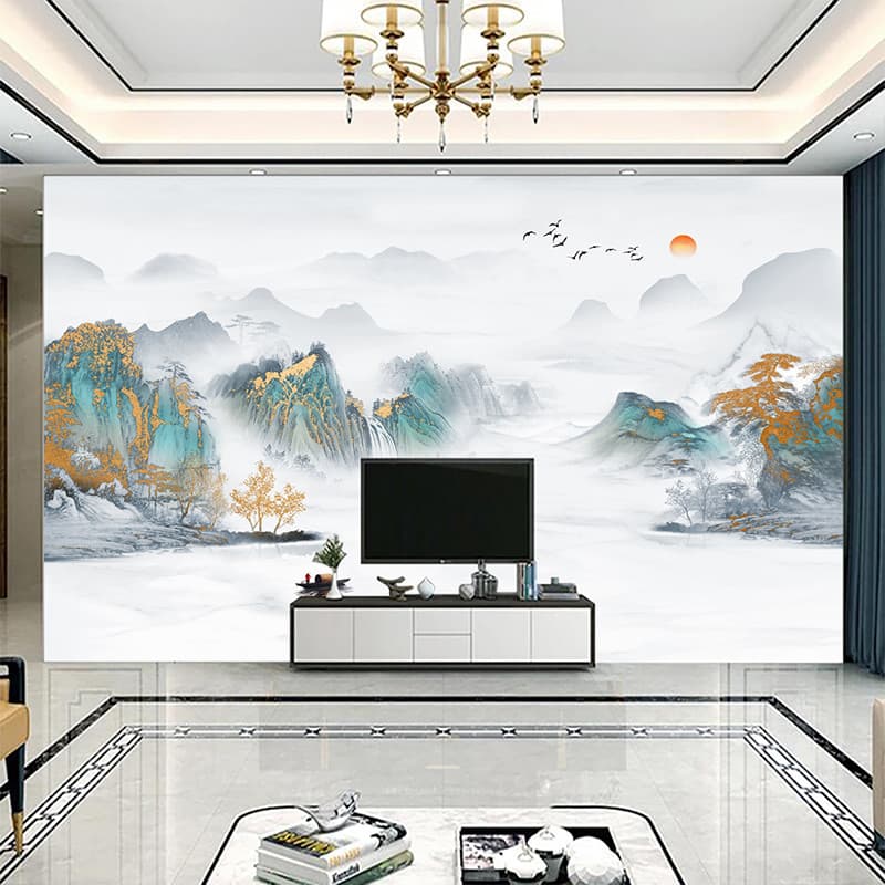 Moderno novo chinês papel de parede sala estar sofá tv fundo papel tinta montanha água Mural sem costura filme tv pano