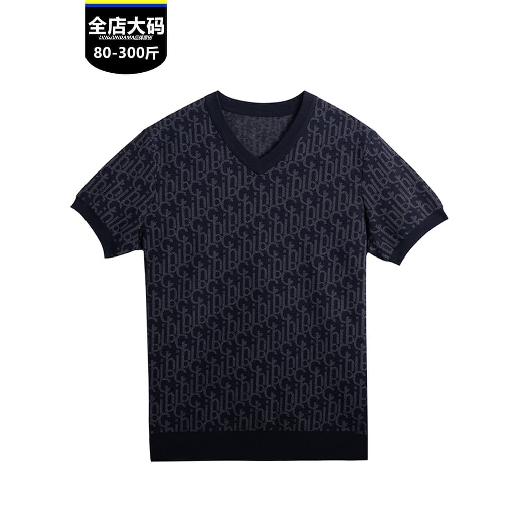 Outono inverno Puff Plus Size masculino com decote em V manga curta Jacquard malhas solto Casual engrossado suor quente