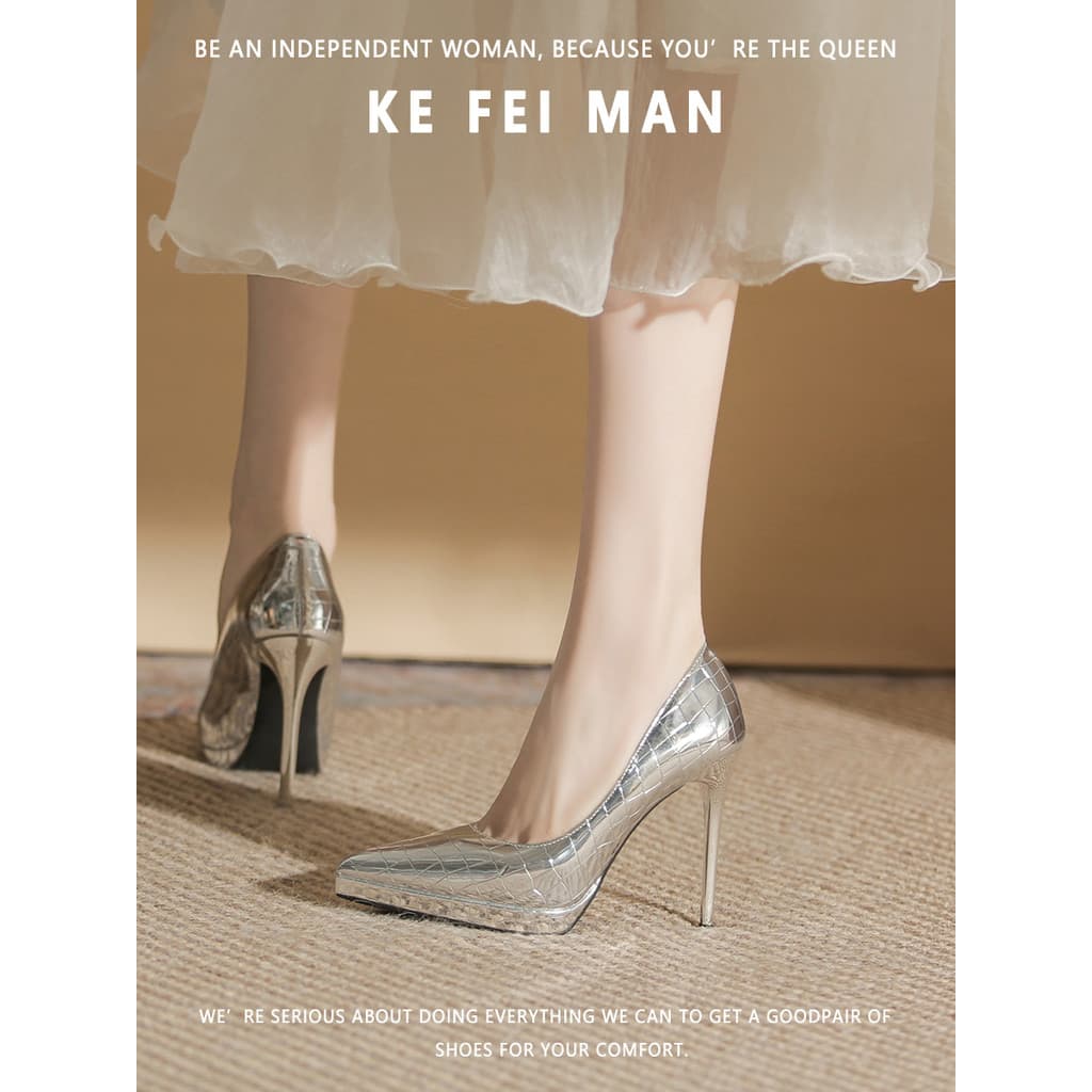 [Kefiman] Plataforma prateada de salto alto feminino novo estilo salto agulha pontiagudo sapatos de salto Super alto 10