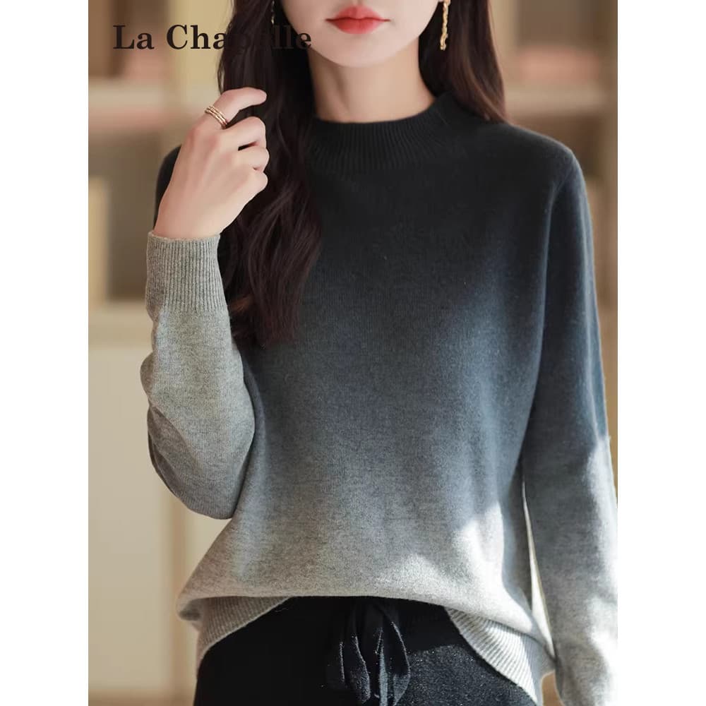 Lasher Bell Meia Gola Alta Gradiente Malha Camisa de Fundo Mulheres Primavera Outono Estilo Interior Estilo Ocidental Ta
