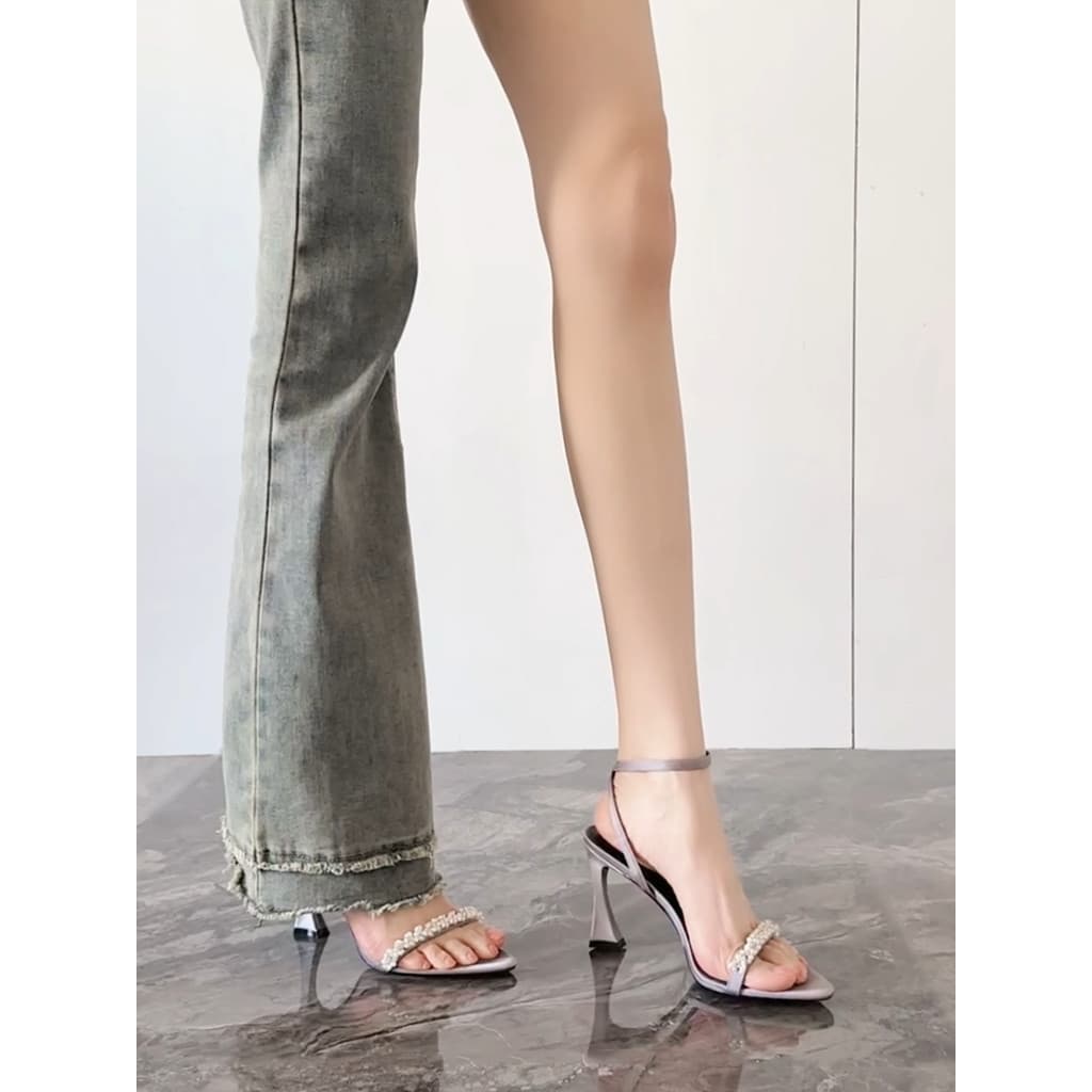 Dili Midi uma palavra cinta ferradura salto alto sandálias femininas verão strass apontou Toe salto grosso salto alto fe