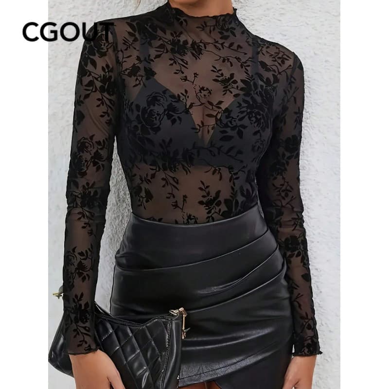 Top feminino Casual transparente de manga comprida com franjas