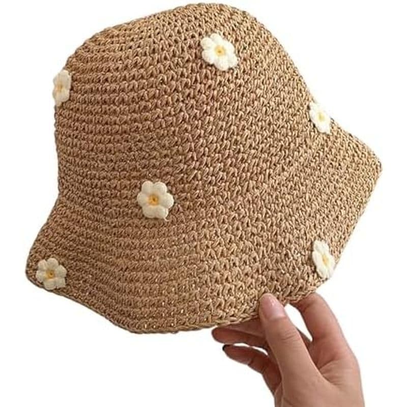 Chapéu De Palha Dobrável Requintado Aba Larga Preservação Do Sol Praia Ao Ar Livre Floral Acento Feminino Viagem