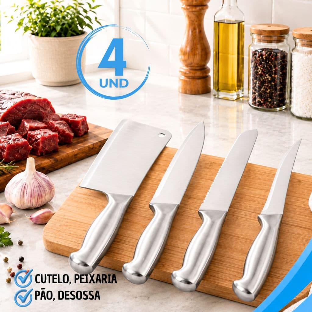 Kit 4 Facas Profissionais Aço Inox Cutelo Faca Serrilhada Carne Churrasco Cozinha Chef Corte Preciso