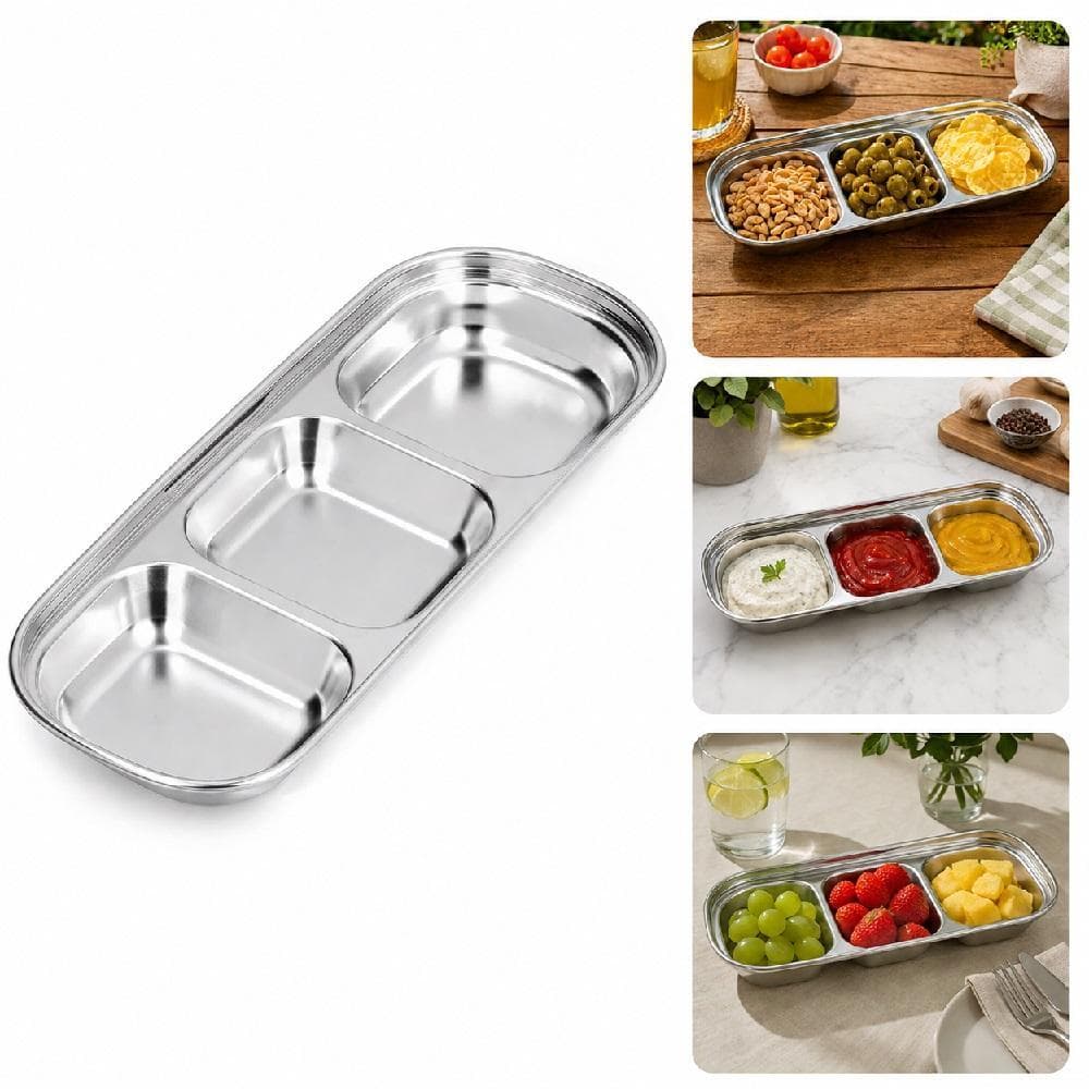 PETISQUEIRA INOX 3 DIVISORIAS PORTA COUVERT MOLHO PETISCO FRIOS CUMBUCA AMEDOIM MULTIUSO MOLHEIRA TIGELA RESTAURANTE CAS