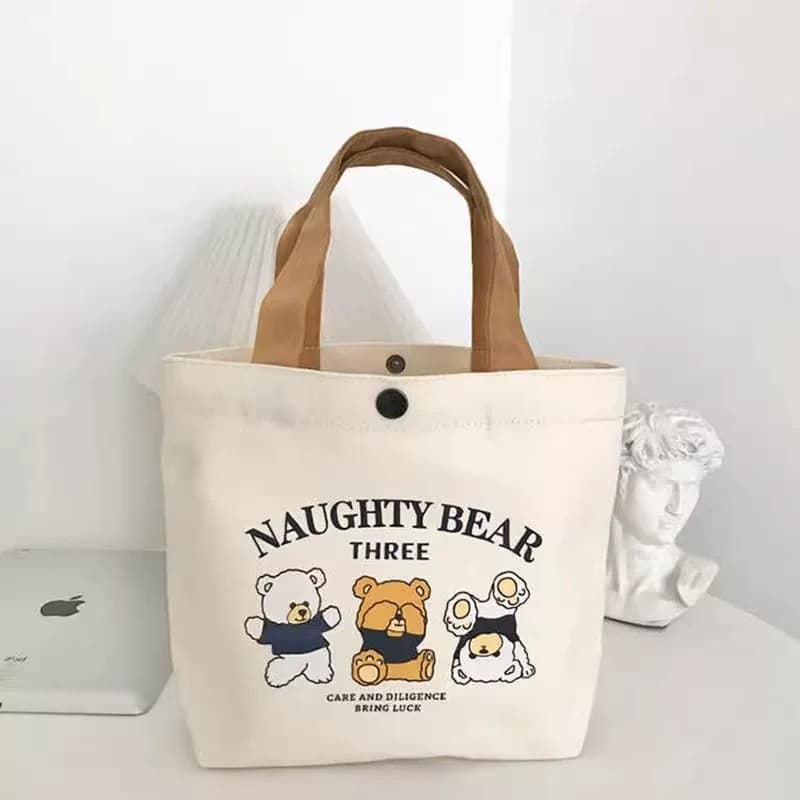 Novo urso saco de lona senhoras trabalhando estudante bolsa mão-transporte Bento lancheira armazenamento saco de present