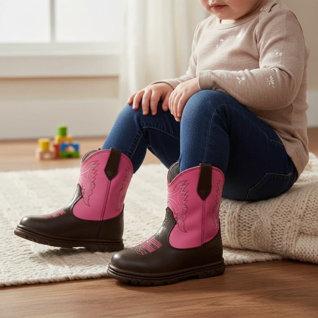 Bota Texana Infantil Bebê Menina Rosa Em Couro Forrada Macia Boiadeira Fazenda Kapell