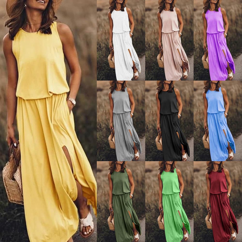 2026 Cross-Border verão novo estilo feminino em torno do pescoço sem mangas vestido Split multicolorido cor sólida saia