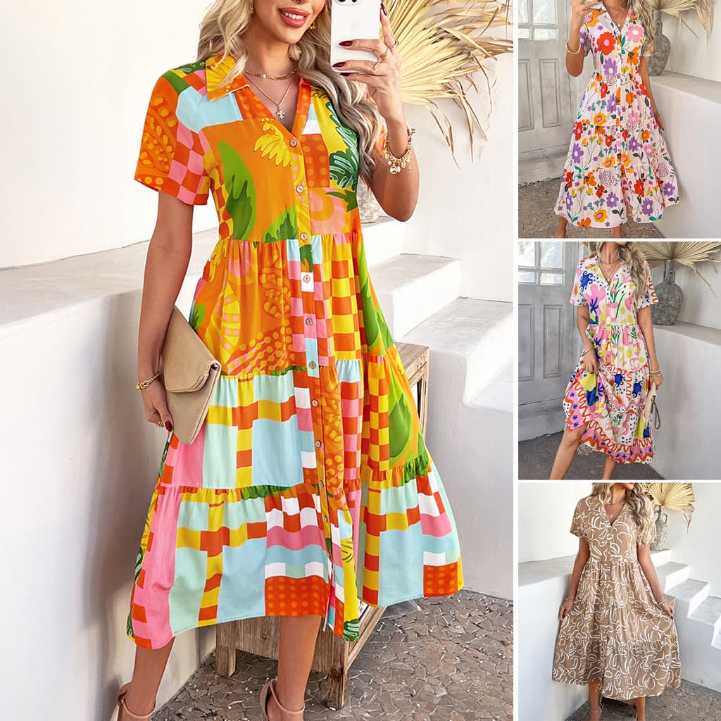 Diyun Cross-Border 2026 primavera verão Casual boêmio férias cintura alta geométrica contraste cor vestido roupas femini