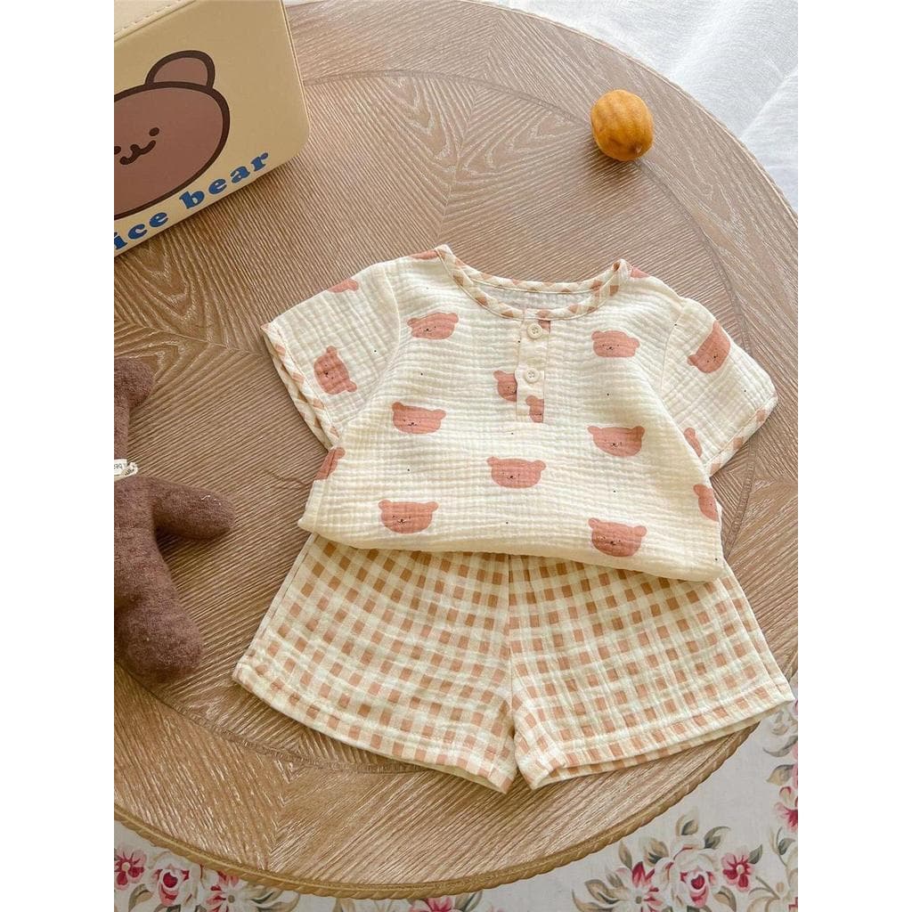 Bebê versão coreana roupas de verão bonito camiseta de manga curta + Shorts terno bebê verão casa roupas fio de algodão