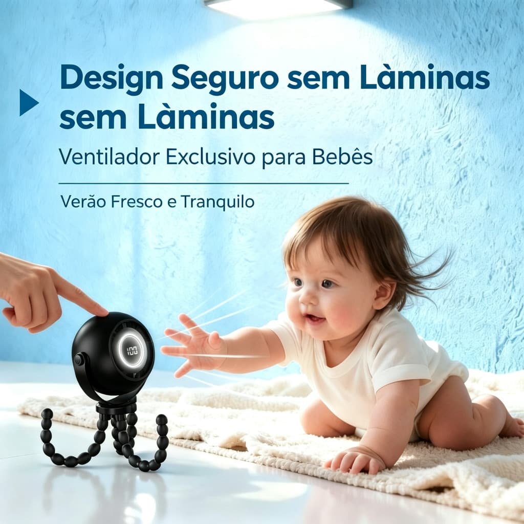 Ventilador de Mão sem Lâminas para Bebê 4000mAh Silencioso com Luz Noturna Suporte Polvo para Carrinho Berço Mesa