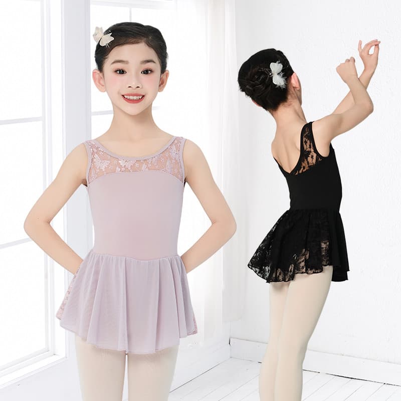 Novo estilo saia de dança infantil meninas verão sem mangas terno de prática saia de renda terno de dança náilon virilha