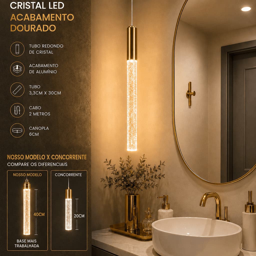 Lustre Pendente Tubo De Cristal 40CM Dourado Rose Cromado 3 Cor Em 1 Para Lavabo Quarto Hall Balcão