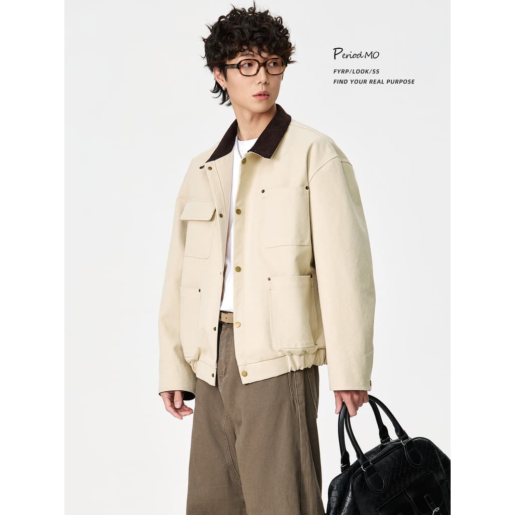 FYRP Momo Americano Retro Lapela Baen Estilo Multi-bolso Jaqueta Cargo Masculina Primavera Outono Novo Estilo Jaqueta So