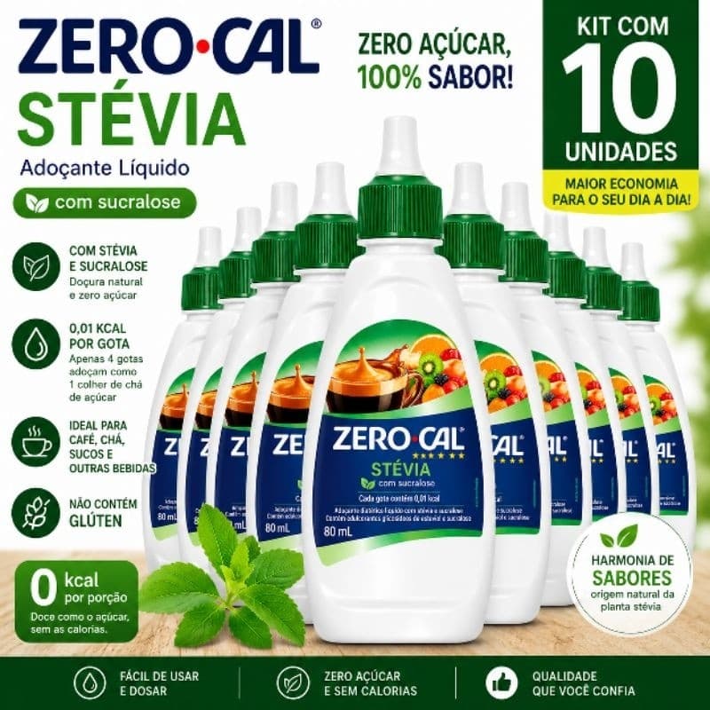 Adoçante Zero-Cal Stevia Líquido 80ml Kit com 10 Unidades Zero Açúcar