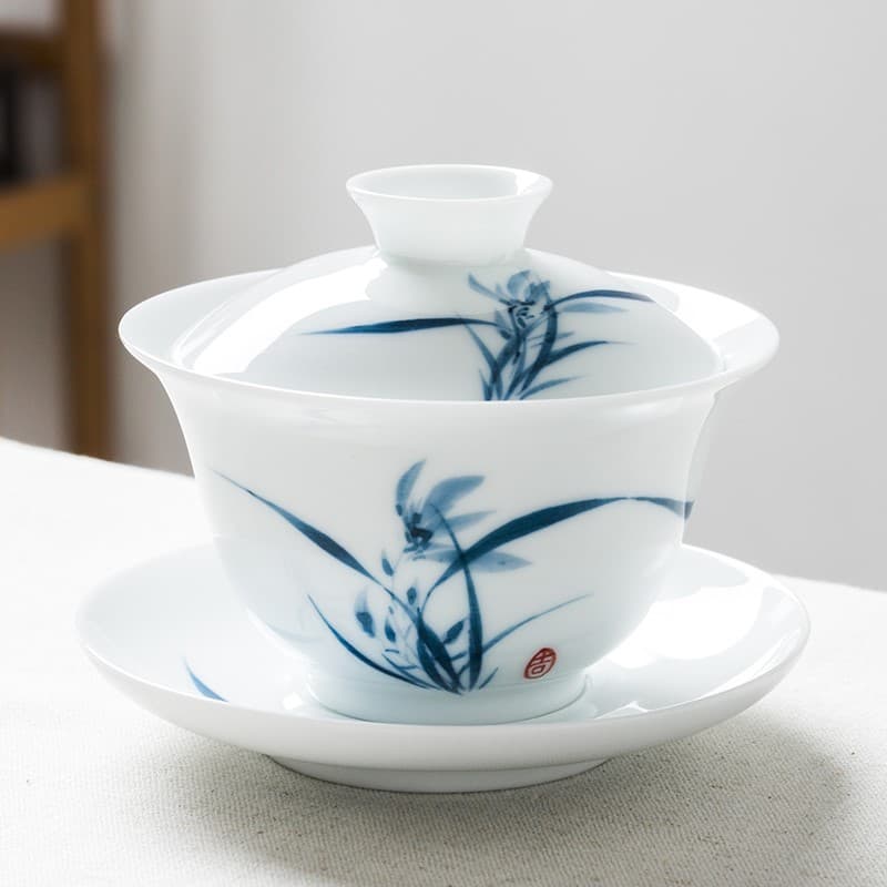 Xícara de chá Sancai Gaiwan pintada à mão, grande porcelana branca azul única, porcelana branca, Kung Fu, conjunto de ch