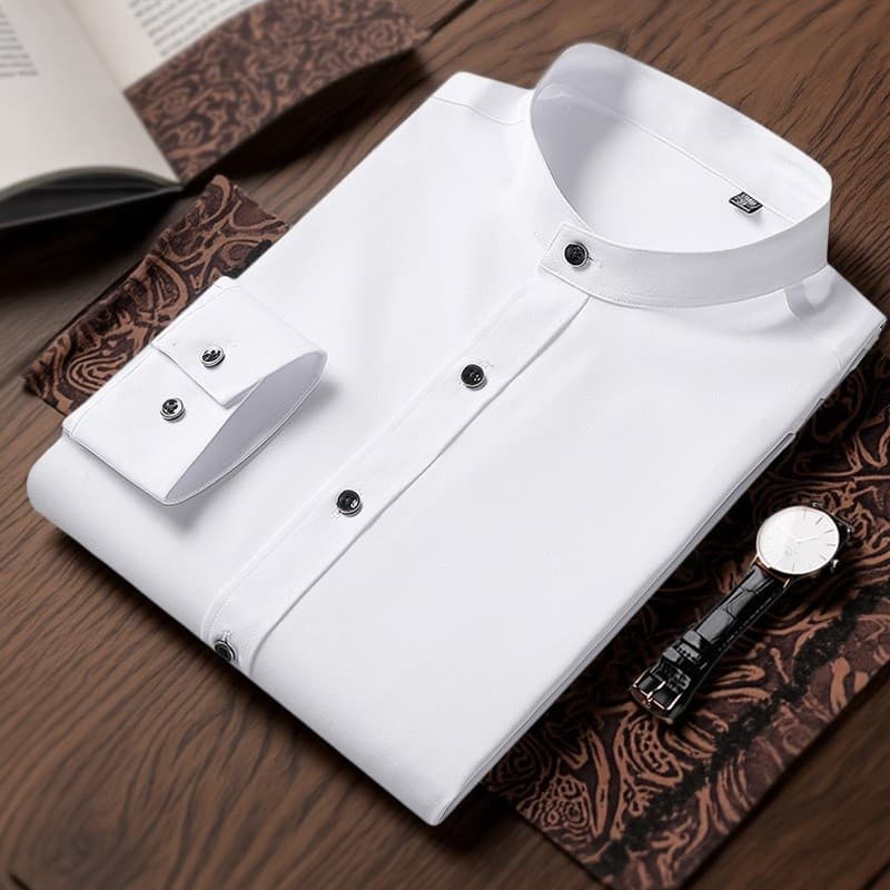 Camisa branca de fibra de bambu masculina manga comprida gola alta camisa branca masculina Casual negócios Formal Wear e