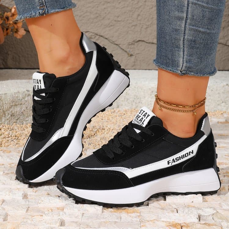 Tênis feminino de salto cunha com sola grossa e costura Jacquard, tênis de treinamento retrô com sola Waffle, sapatos de